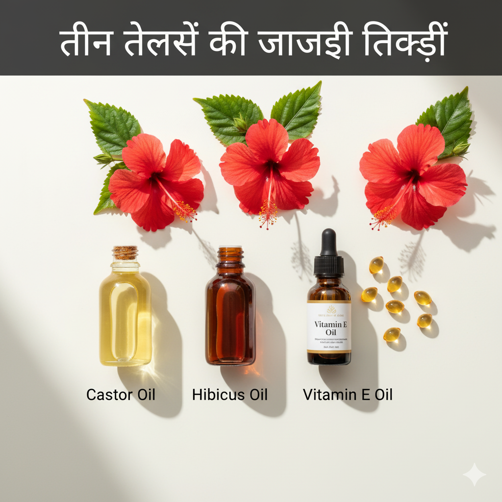 A collection of the three powerful oils for hair growth: Castor Oil, Hibiscus Oil, and Vitamin E Oil.